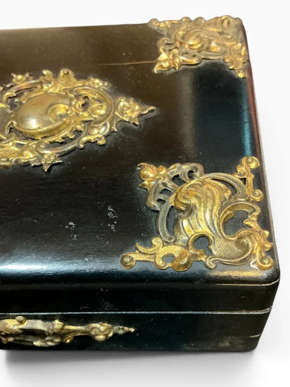Antique C1900 Jewelry Casket Box Black Wood Brass Ormolu Red Satin Interior